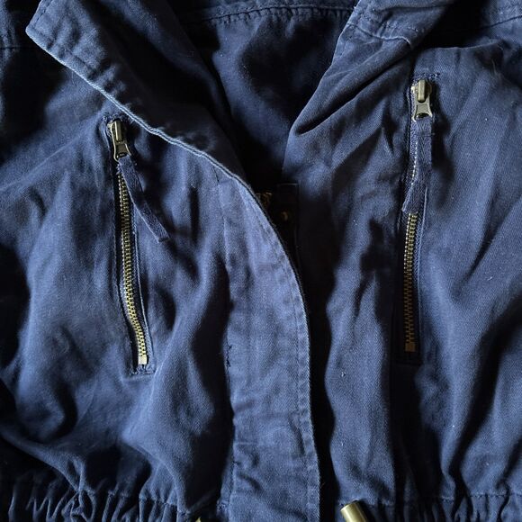 Arizona Jeans M Dark Blue Drawstring Cinched Waist Roll Tab Sleeve Zip Up Jacket - Picture 3 of 7